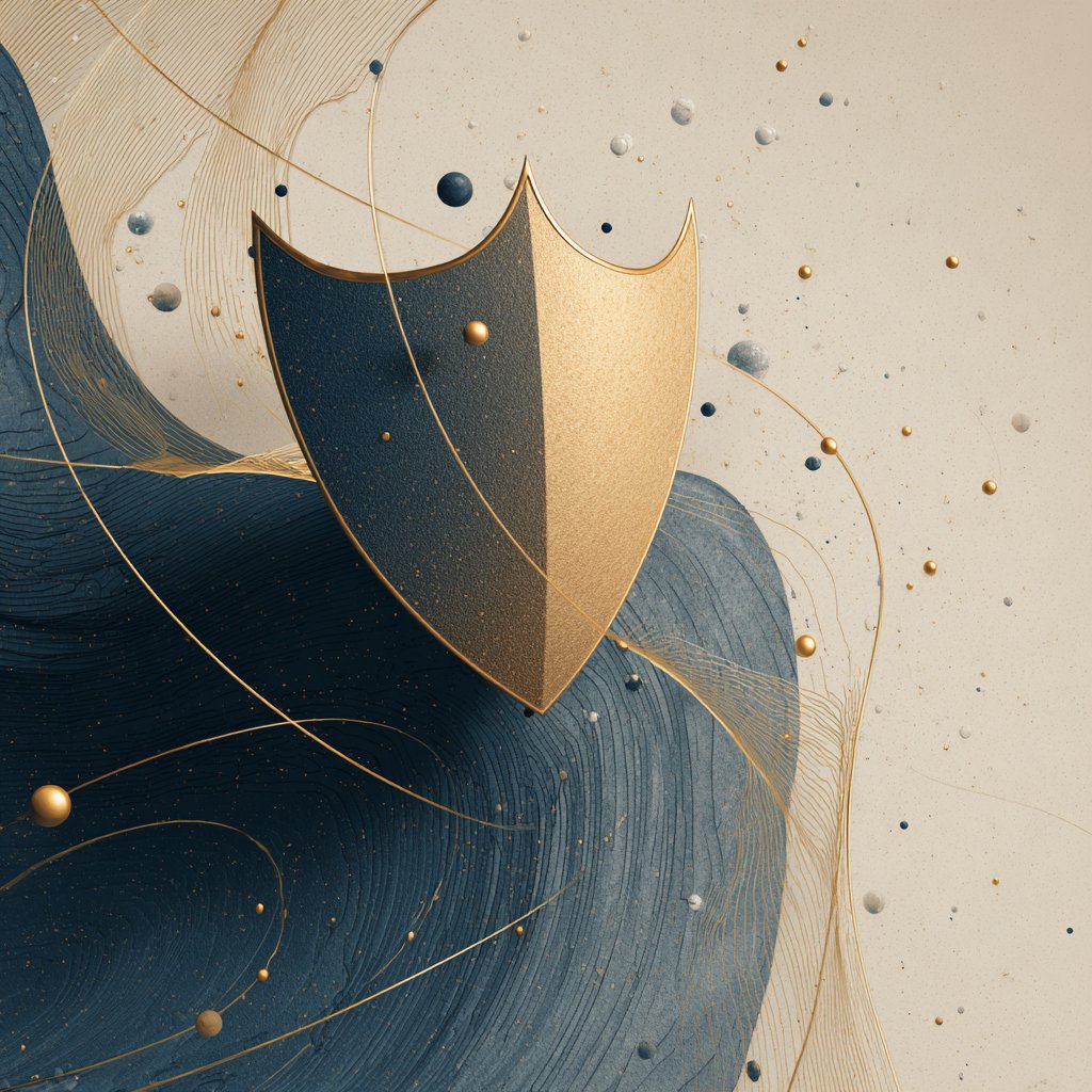 Gold-and-navy shield over abstract topographic lines representing San Diego cybersecurity advisory practice